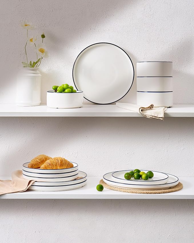 Famiware Porcelain Dinnerware Set, 18-Piece Modern Plate and Bowl Set, dish set for 6, Microwave and Dishwasher Safe Tableware, White with Blue Trim