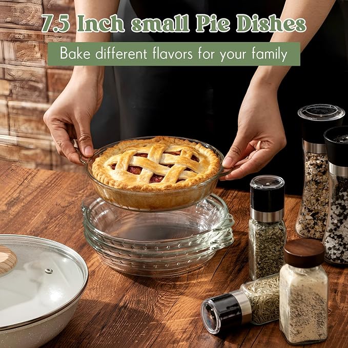 Uiifan 4 Pack 7.5 Inches Mini Glass Pie Pan for Baking Clear Pie Plate with Handles Round Glass Dish for Baking and Serving, Snacks, Salads, Desserts