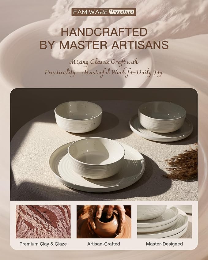 24-Piece Stoneware Dinnerware Sets for 6 with Pasta Bowls – Speckled Glaze with Spiral Design, Coupe Plates and Bowls - Chip & Scratch Resistant, Microwave & Dishwasher Safe, Cream
