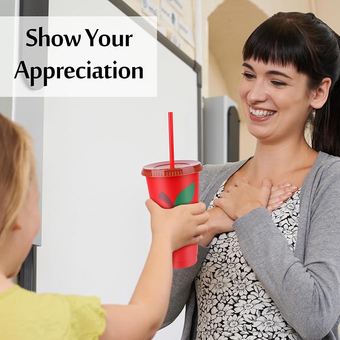 Kochorie 48 Pcs Teacher Appreciation Gifts Cups 24 Oz Reusable Tumblers | with Lids & Straws Back to School Thanks to Teacher Plastic Cups for Valentines Teachers Gifts Christmas Party Supplies