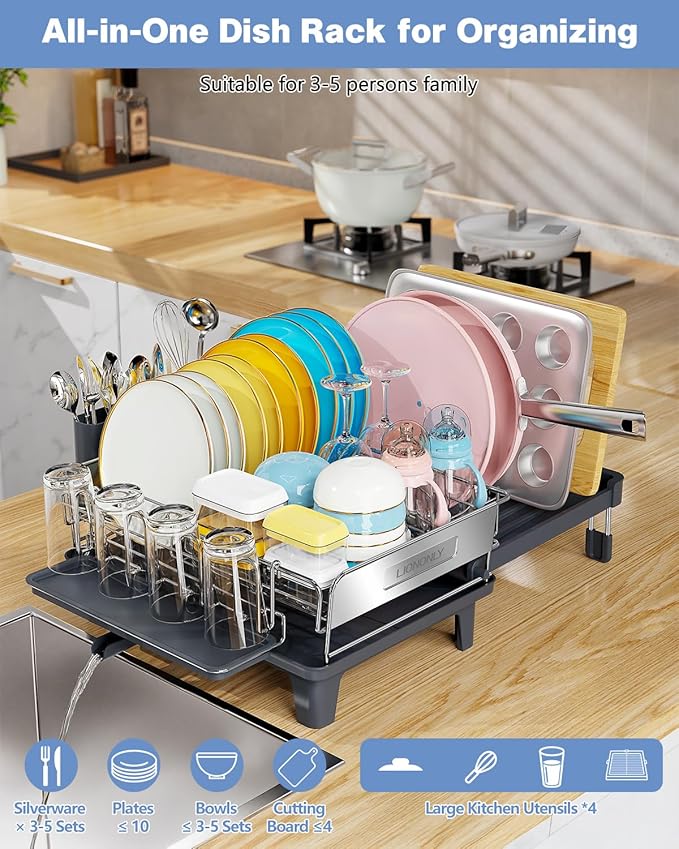 Expandable Dish Drying Rack, Dish Racks for Kitchen Counter, Stainless Steel 304, Flip-Top Retractable Plate, Multi-Directional Adjustable Dish Rack, Space Saving Large Drying Rack Kitchen, Gray