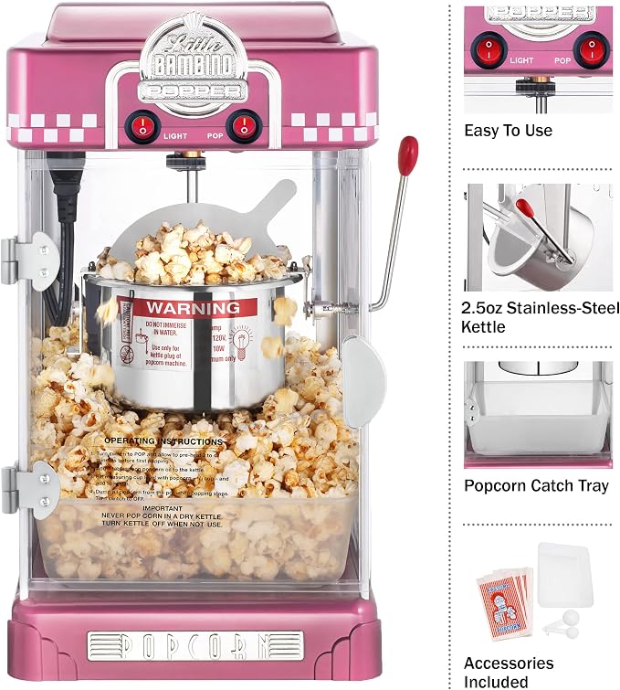 Little Bambino Popcorn Machine - 2.5oz Tabletop Movie Theater Popcorn Popper with Stainless-Steel Kettle by Great Northern Popcorn (Pink)