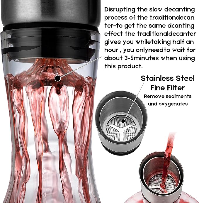 Wine Decanter,Red Wine Carafe,Decanter with Built-in Aerator Pourer, 100% Hand Blown Lead-free Crystal Glass with Stainless Steel Pourer Lid, Filter, Wine Gifts for Men