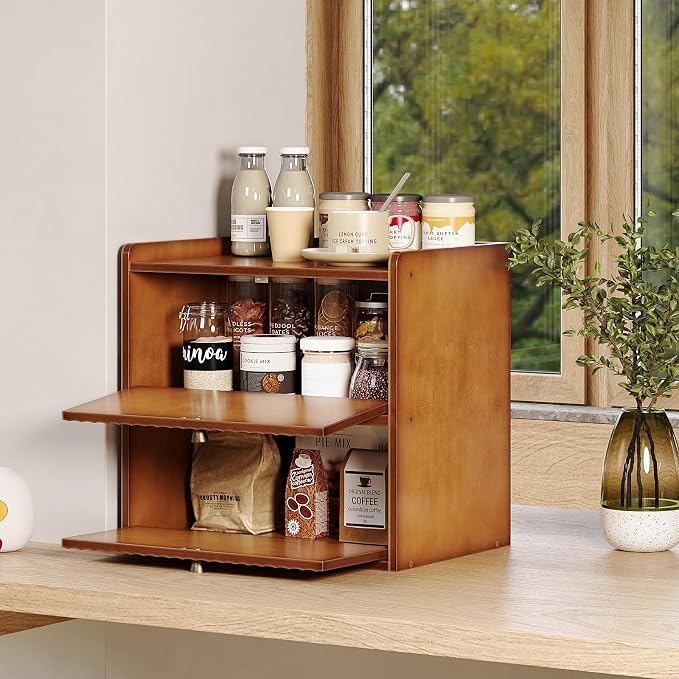 Trironsun Rustic Bread Box for Kitchen Countertop Bamboo Bread Storage Container Bin Double Layer BreadBox Farmhouse Large Capacity Food Organizer (Brown)