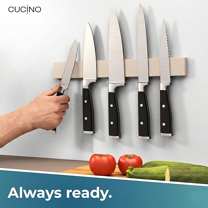 CUCINO Magnetic Knife Holder for wall, 16" no drilling required, includes self-adhesive tape, extra strong for holding knives – Awarded magnet strip – Beige Rubber