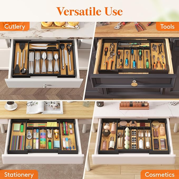 Lifewit Silverware and Cooking Utensil Drawer Organizer Set – Expandable Adjustable Bamboo Storage for Cutlery, Flatware, Spoons, Forks, Knives, and Kitchen Tools, BPA-Free, Natural and Black