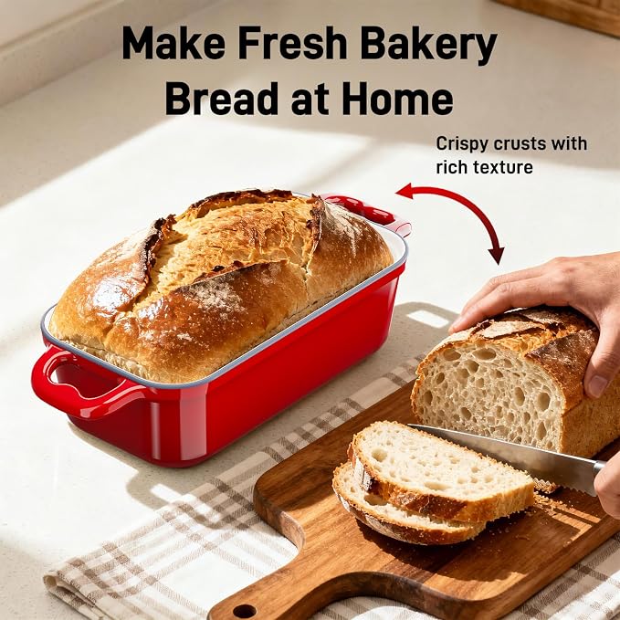 Enameled Cast Iron Dutch Oven for Sourdough Bread Baking, 8.5 x 4.5Inch Oval Cast Iron Bread Pan with Lid, 2PCS Dutch Oven for Homemade Sourdough Baking, Meatloaf Pan, Oven Safe, Red