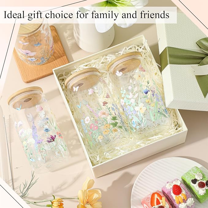 Mumufy 4 Pack Wildflower Glass Cups Gift Aesthetic Cute Glass Cup Tumbler Flower Iced Coffee Mugs 16 oz with Bamboo Lid & Straw, for Wedding Birthday Bridesmaid Mom Baby Shower