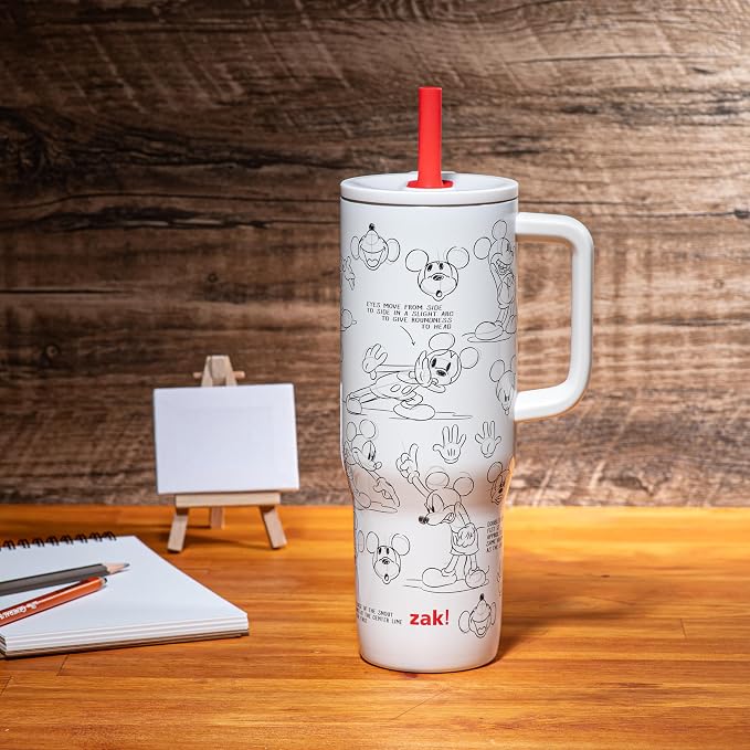 Zak Designs Disney Sutton Travel Tumbler for On the Go, 30oz Stainless Steel with Vacuum Insulation, Silicone Straw, and Carry Handle for Cold Drinks (Mickey Mouse Sketch)
