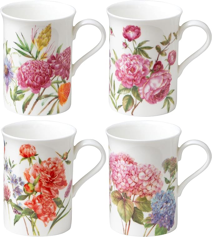 Bone China Coffee Tea Mugs 9-Ounce, Assorted Set of 4 (Beautiful Garden)