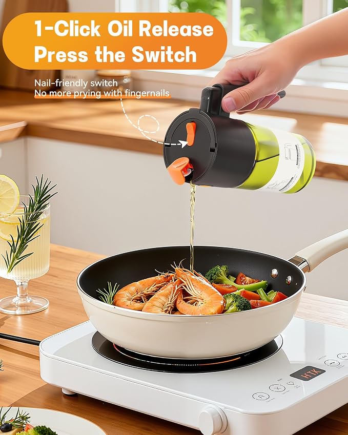 OURCABECUE Upgrade 2 in 1 Oil Sprayer for Cooking, 17oz Light-Blocking Glass Olive Oil Dispenser Bottle for Kitchen, Food-Grade Oil Mister with 8 Stickers for Salad, Frying (Green Bottle-Black Gap)