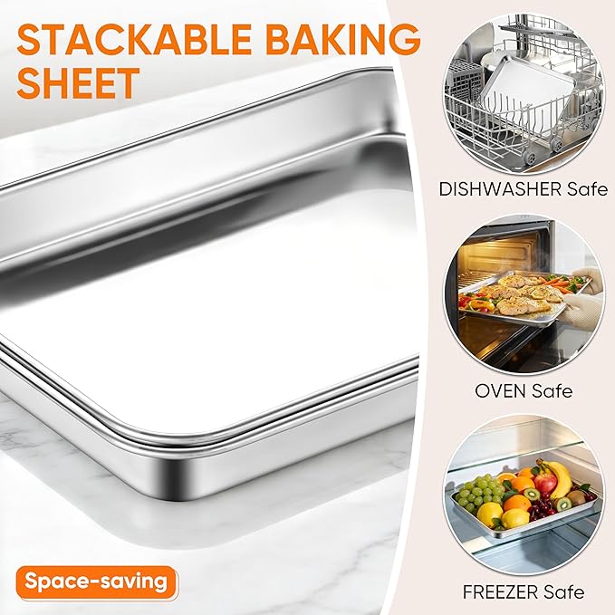 LIANYU Stainless Steel Tray for Baking, 9.2x7” Small Cookie Baking Sheet Pan, Metal Cooking Sheet Tray for Oven, Rust Free & Mirror Finish, Dishwasher Safe, 2 Pack