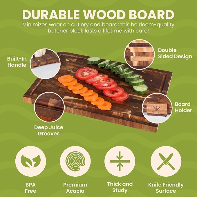 Acacia Wood Cutting Board Set - 3 Piece Acacia Cutting Board with Holder, Knife Friendly, Dual Sided, Built-in Handles, & Juice Grooves | 13, 15, & 17 Non Toxic Cutting Boards for Kitchen