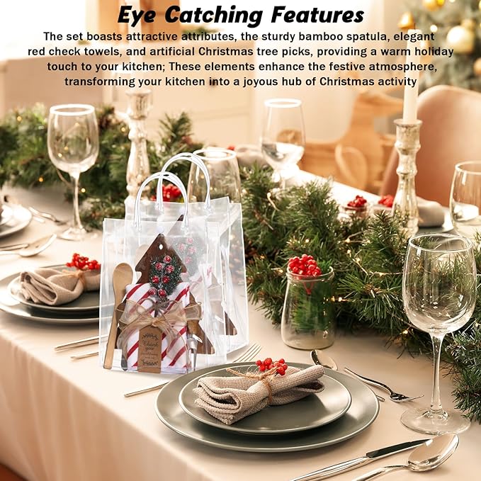 Potchen 6 Set Christmas Kitchen Gifts Wood Cheese Board Fork Spoon Butter Spreaders Dish Cloth Thank You Card Ribbon and Gift Bags for Merry Christmas Cooking Serving Xmas Utensils Gifts (Tree)