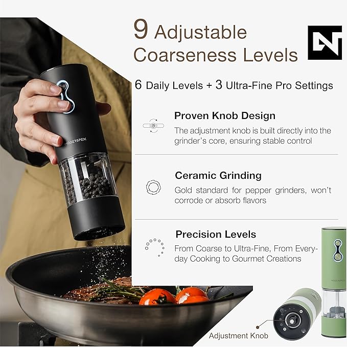 Electric Salt and Pepper Grinder Set USB-C Rechargeable, Dual-Speed Automatic Salt and Pepper Mills with 9 Adjustable Coarseness, Ceramic Burr, LED Light, Refillable, (Sage Green)