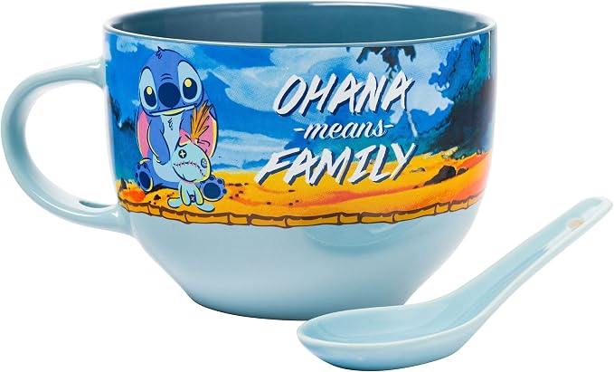 Silver Buffalo Lilo and Stitch Featuring Scrump Ohana Means Family Ceramic Soup Mug Spoon Set, 24 Ounces