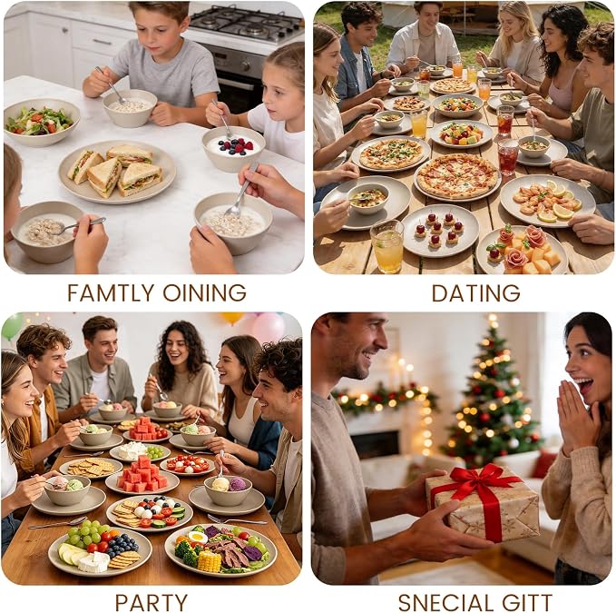 Wheat Straw Melamine Dinnerware Sets 18 Piece for 6, Shatterproof Plates and Bowls Set, BPA Free & Dishwasher Safe, Lightweight MattWarm Beige Finish Dish Set (18, Warm Beige)