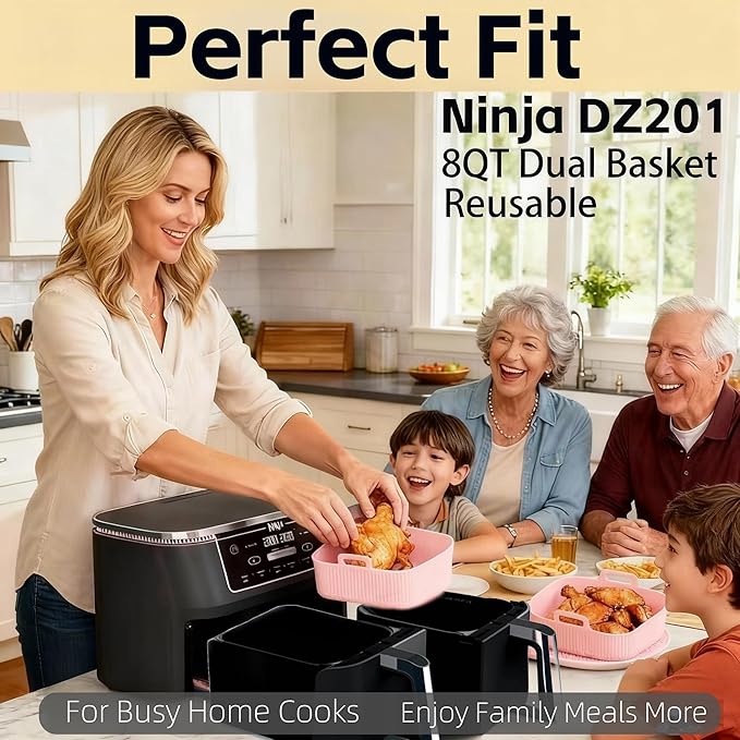 Silicone Air Fryer Liners for Ninja - Reusable DZ201 8QT Dual Basket - Rectangular 2-Pack Vacuum-Packed Easy-Clean Dishwasher-Safe Food-Safe for Home Chefs - Housewarming Gifts