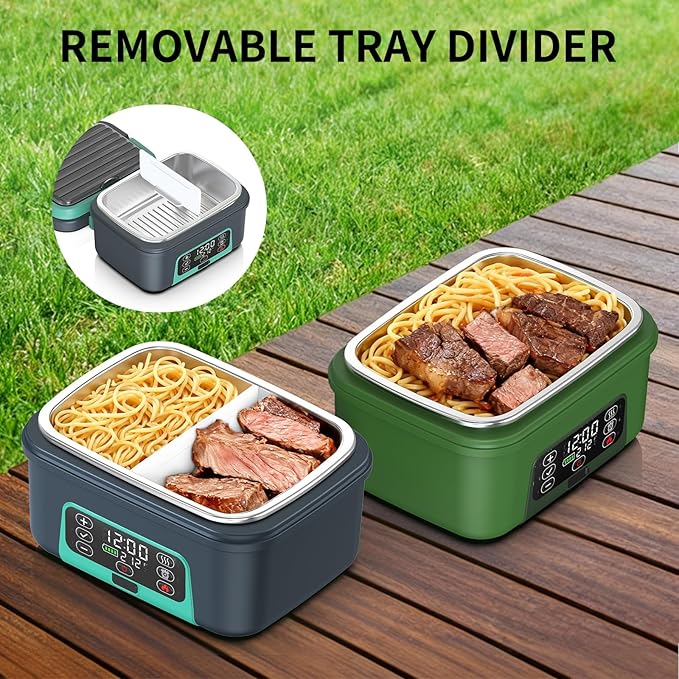 Cordless Electric Heated Lunch Box, 1.5L - 6.3 Cups 100W Rechargeable Smart Self-Heating Food Warmer with Removable Divider, Spoon, Fork, BPA Free, Portable Lunchbox for Car Travel Office Lake Green