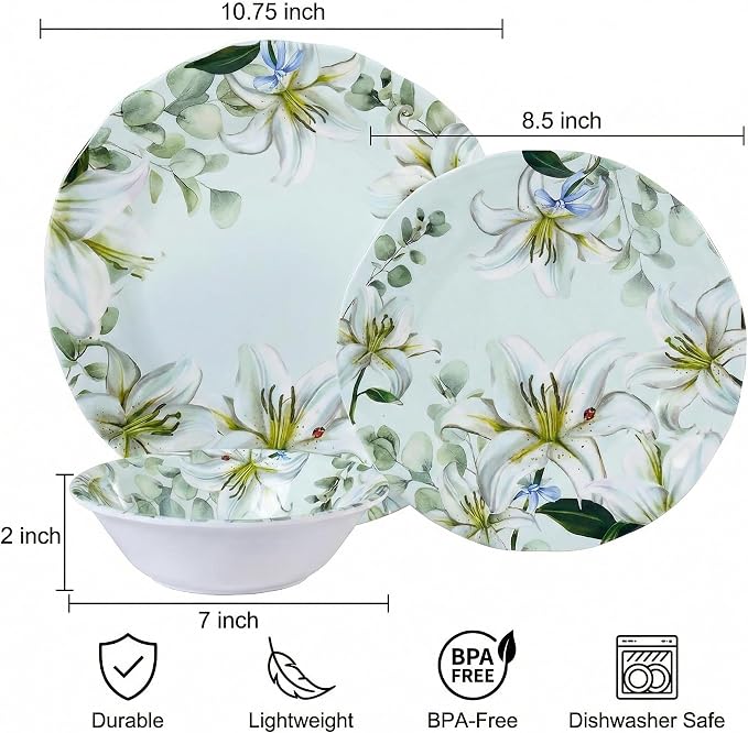 12-Piece Melamine Dinnerware Set, Green & White | Shatterproof Plates and Bowls, Elegant Lily Pattern, Everyday Dining, Outdoor Picnics and RV Camping