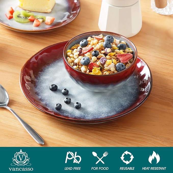 vancasso Starry Dinnerware Set for 4, Handmade Reactive Glaze Stoneware 12 Pieces Plates and Bowls Sets, Dishwasher and Microwave Safe Dish Set, Red