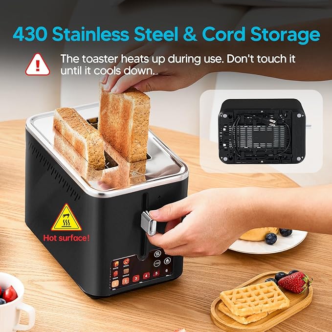 Trisiko® Touch Screen Toaster 2 Slice, Stainless Steel Smart Toaster with Digital Timer, 1.38" Extra-Wide Slots for Bread& Bagel, Great for Home, Office,Dorm (Black)