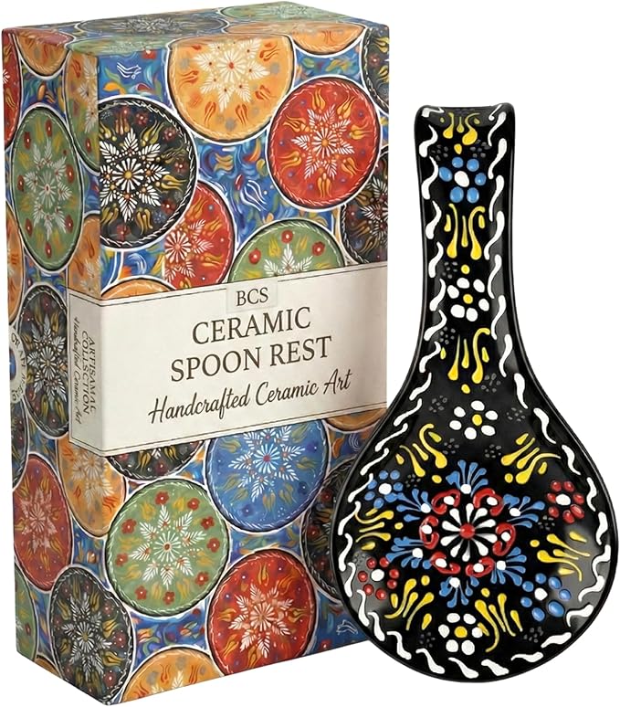 BCS Ceramic Spoon Rest, Large 9” Hand Painted Spoon Holder for Stove Top & Kitchen Counter, Dishwasher Safe & Heat Resistant Utensil Holder, Floral Kitchen Decor, Handmade Pottery