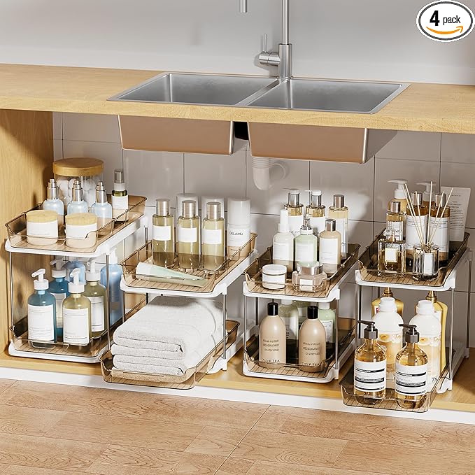 Delamu 2-Tier Multi-Purpose Bathroom Under Sink Organizers and Storage, Stackable Kitchen Pantry Organization, Pull Out Medicine Cabinet Organizer with Movable Dividers, Amber, 4 Pack