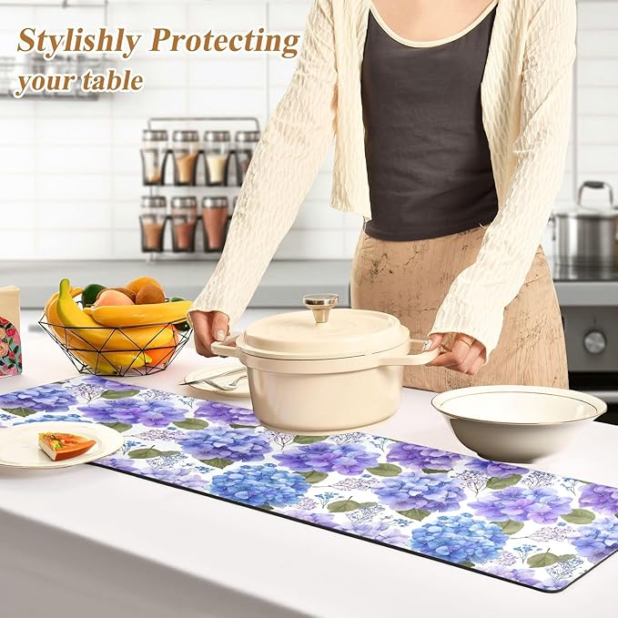 Purple Hydrangea Herb Trivet Table Runner Heat Resistant 230F for Hot Dishes Pots Plates Kitchen Dining Table Protector Decorative 39.37 X 11.8 Inch
