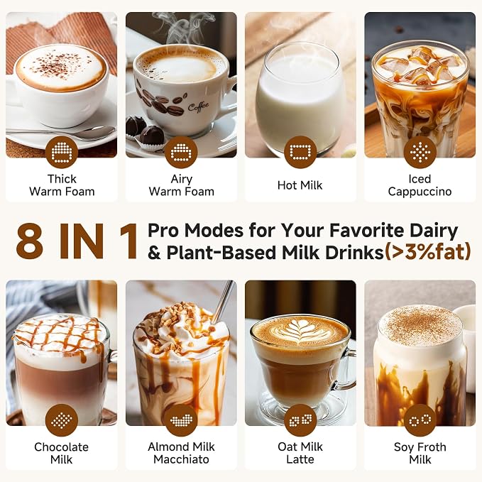 AMZCHEF Electric Milk Frother and Steamer, 600W Hot and Cold Foam Maker, 8 Modes, One-Button Control, 17oz Milk Warmer for Coffee, Lattes, Cappuccinos, Macchiatos, Detachable Stainless Steel Pitcher