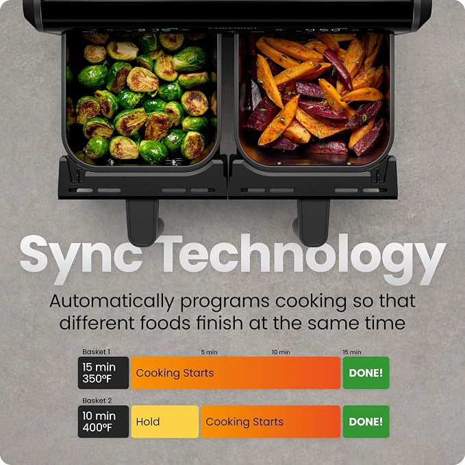 Chefman Dual Air Fryer Oven with DC Motor, 9 Qt. Double Basket Air Fryer with 450°F Max Temp for Meals in Minutes, Bake, Broil, Dehydrate, Reheat for Extra-Crispy Chicken, Fries, and More - Black