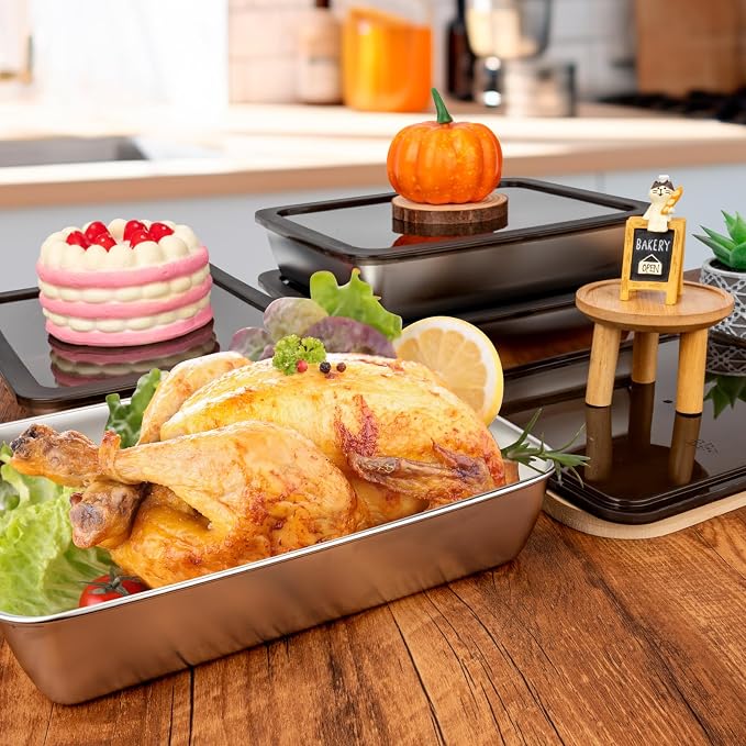 5 PCS Stainless Steel Food Storage Containers with lids,2.16 Inch Deep, 8x10 Inch Stainless Steel Oven plate, Metal Roasting Pan for Meal Prep、Meat, Rustproof & Heavy, Freezer & Dishwasher Safe