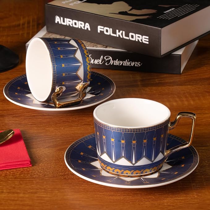KAMMAK Tea Cups and Saucers Set of 2, Porcelain Coffee Cups, Stackable Espresso Mugs, Ceramic Demitasse for Coffee, Latte, Americano, Tea, Lighthouse of Alexandria