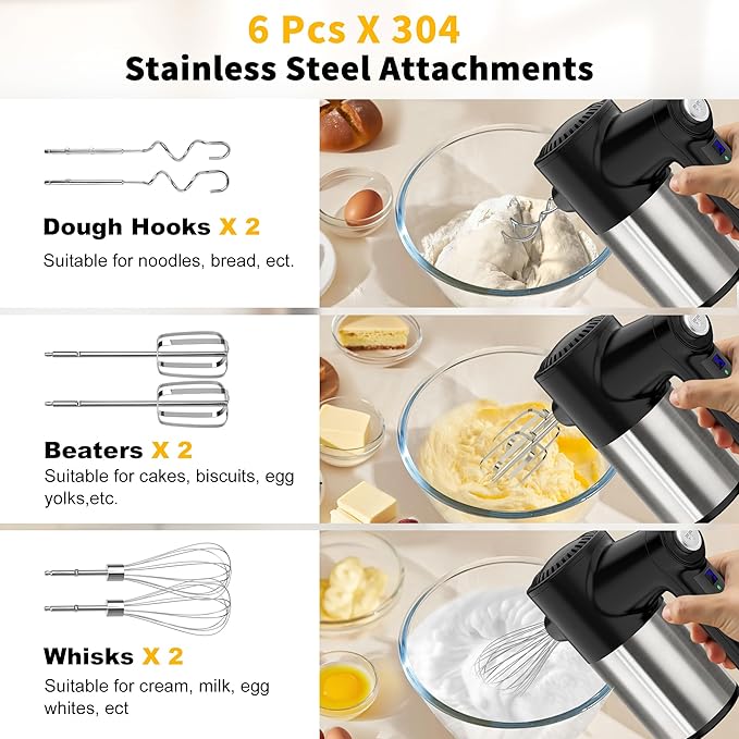 Cordless Electric Hand Mixer, 7 Speed Rechargeable Wireless Handheld Mixer with Eject Button, Long Battery, Quiet Anti-Splash, 6×304 Stainless Steel Attachments & Storage Base for Baking (Black)