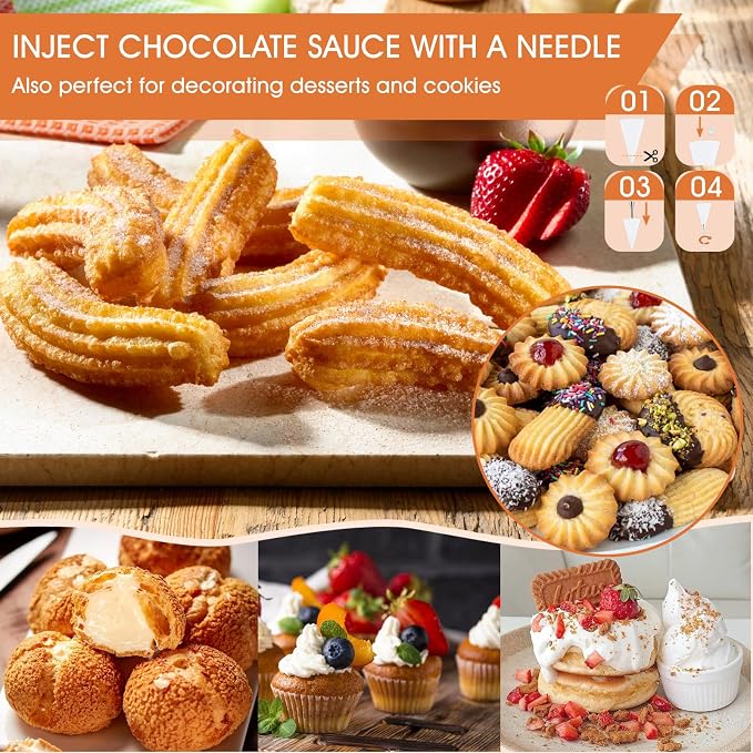 21-Piece Cookie Press Set & Churro Maker Machine – Stainless Steel Baking Gun for Spritz Cookies, Hollow Churros, and Pastry – Includes 6 Nozzles, 9 Discs, Piping Bag, and 2 Brushes