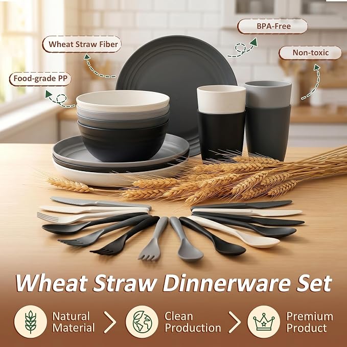 Kids Plates and Bowls Sets for 4, 24 Piece Wheat Straw Dinnerware Sets, Unbreakable & Stackable Dishware Sets, Microwave & Dishwahser Safe Dish Sets for Kitchen, Apartment, Dorm - BlackBeige