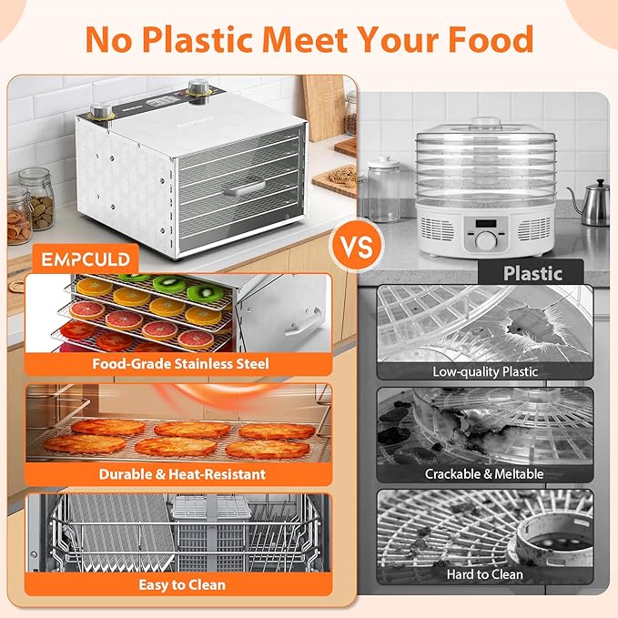 Food Dehydrator - 5 Stainless Steel Trays Dryer Machine with 194℉ Temperature Control & Adjustable Timer, 400W Meat Dehydrator for Jerky, Fruit, Veggies, Dog Treats, 50 Recipes Book Included