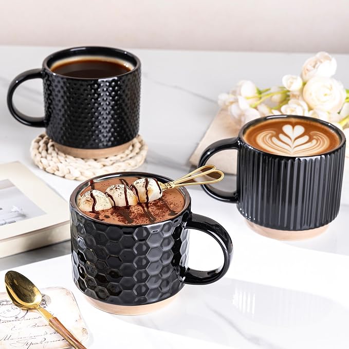 GBhome 12OZ Stackable Coffee Mugs Set of 6, Ceramic Coffee Mugs with Texture Patterns for Man,Woman,Dad,Mom, Modern Coffee Cups for Latte/Cappuccino/Cocoa. Dishwasher&Microwave Safe, Black
