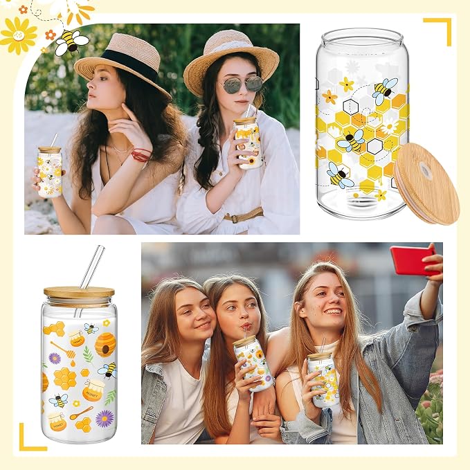 Mumufy 4 Pack Wildflower Glass Cups Gift Aesthetic Cute Glass Cup Tumbler Flower Iced Coffee Mugs 16 oz with Bamboo Lid & Straw, for Wedding Birthday Bridesmaid Mom Baby Shower
