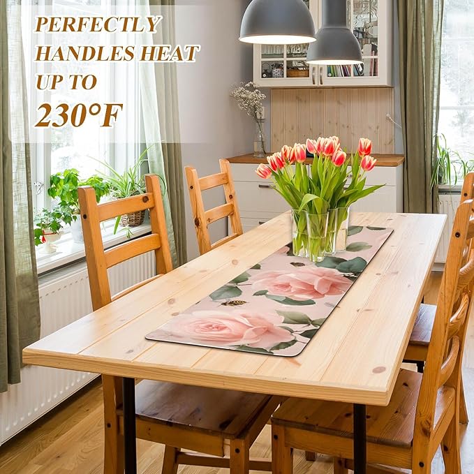 Pastel Pink Rose and Honeybees Trivet Table Runner Heat Resistant 230F for Hot Dishes Pots Plates Kitchen Dining Table Protector Decorative 39.37 X 11.8 Inch