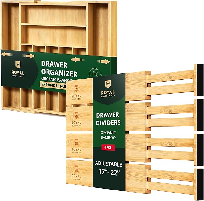 ROYAL CRAFT WOOD Drawer Divider and Organizer for Kitchen Organization - Luxury Bamboo Silverware Drawer Organizer