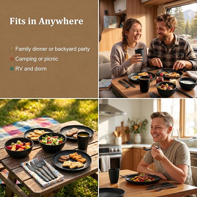 Plates and Bowls Sets for 4, Unbreakable Wheat Straw Dinnerware Sets 24 Piece, Microwave Safe Plates, Bowls and Cups Set, Dish Set for Camping, RV, Kitchen Essentials for New Apartment - Black