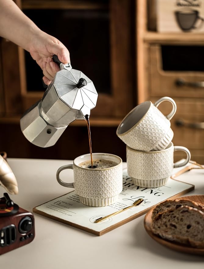 Gomakren Coffee Mugs Set of 4, 13 Ounce Stackable Coffee Mugs with Stand, Father's Day Ceramic Coffee Cups with Spoon for Coffee, Espresso, Cappuccino, Latte, Cocoa, Tea and Milk, Creamy White