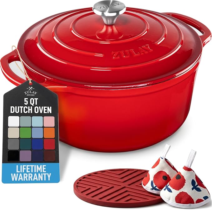 Zulay Kitchen 5 Quart Enameled Cast Iron Dutch Oven Pot with Lid – Premium Durability & Oven Safe up to 500°F – Heavy Duty Cookware Perfect for Bread Baking, Stews, Braising & Roasting – Ablaze Red