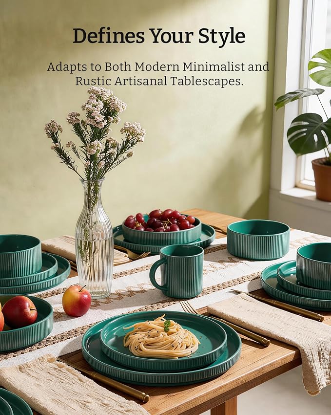 Famiware Star 16-Piece Stoneware Dinnerware Set for 4 – Shallow Pasta Bowls & Flat Plates – Everyday & Formal, Modern Rustic Dishes – Chip & Scratch Resistant, Microwave & Dishwasher Safe, Sage Green
