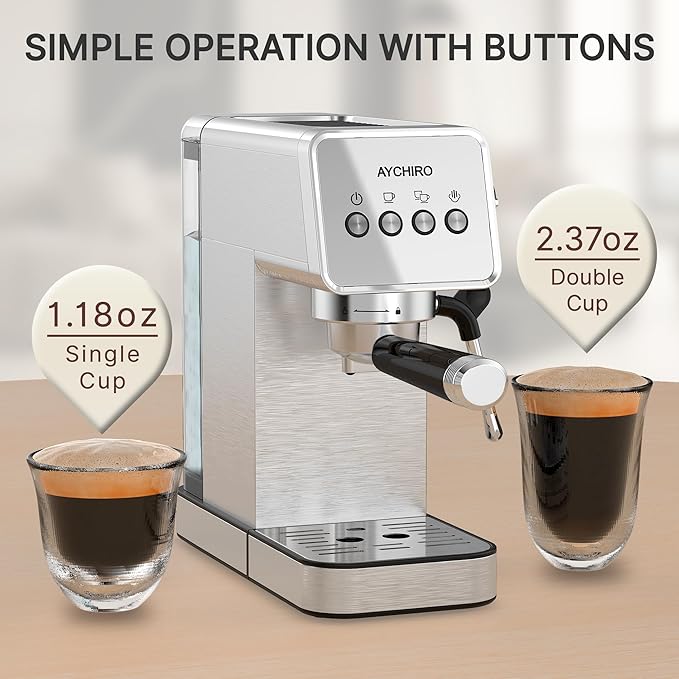 AYCHIRO 20-Bar Espresso Machine with Milk Frother, Professional Espresso Coffee Machine for Home, Stainless Steel Cappuccino Maker, Removable Water Tank & Drip Tray, Silver