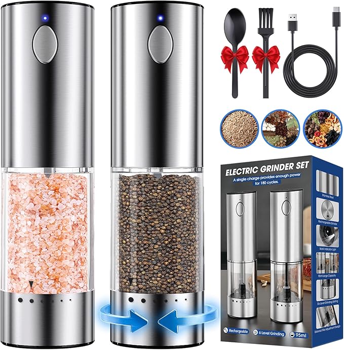 HomeHacks Upgraded Larger Capacity Electric Salt and Pepper Grinder Set, Rechargeable Type-C with LED Light, Stainless Steel Automatic & 6 Adjustable Coarseness, Ideal as Mothers Day Gifts