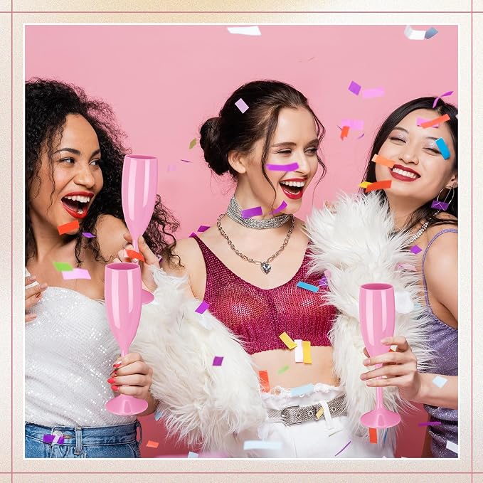 Maxcheck 12 Pcs Champagne Flutes Bulk Acrylic Toasting Drinking Flute Unbreakable Goblet Champagne Cups 6 oz Plastic Wine Glasses for Mother's Day Wedding Bridal Shower Anniversary Party (Pink)