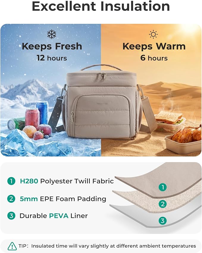 BAGSMART Puffy Insulated Lunch Bag, Lightweight Large 14L Double Deck Lunch Box for Women, Soft Cooler Tote for Office Work Travel Camping with Stretch Side Pockets Fits 40 oz Bottle, Sage Green