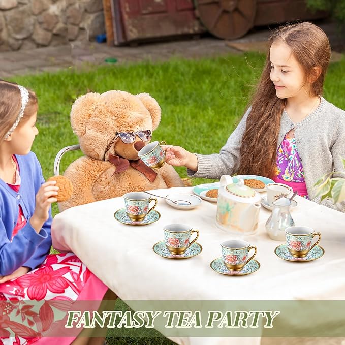 6 Pcs 3 oz Mini Vintage Floral Tea Cups and Saucers Set, Green Porcelain Tea Cup Sets Assorted Colors with Gift Box for Cappuccino, Macchiato, Birthday Party Supply